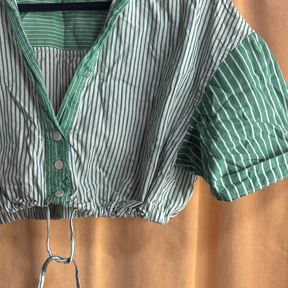 Zara Green Striped Button Down Cropped Blouse